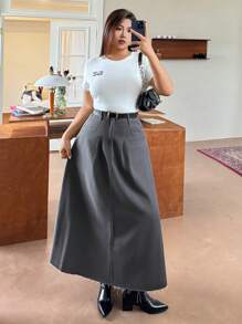 Dazy Plus 加大码水洗灰色 A 字型破洞下摆长款牛仔裙，四季牛仔裙 - 灰色 - 查看 1