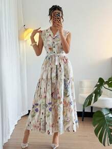 Breezaya 女士优雅花卉印花 A 字形系腰连衣裙