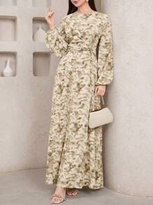 Veilorie Đầm suông tay đèn lồng in họa tiết toàn thân cho nữ, eo nhún - Màu vàng - Xem 6