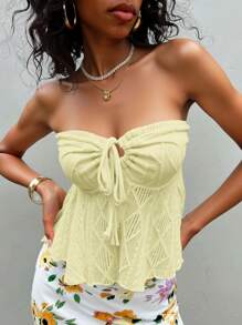 Siren Gaze Women's Solid Color Cold Shoulder Tie-Front Ruffled Textured Top Summer