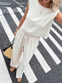 Serisse Women's French Summer Solid Color Butter Yellow Linen 2pcs Women Solid Color Sleeveless Crew Neck Linen Back Button Top And Pants Set,Linen Sleeveless 2-Piece Pants Set Fashionable For Summer Office Commuting Set,Summer Sets,For Daily Wear,French Holiday Outfits Summer Sets 4th Of July Graduation Outfit Holiday Outfits Western Wear Women Teacher Outfits For Women Vacation Two Pieces Set Casual Resort - Apricot - View 4