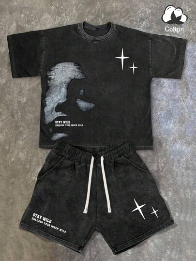 PAVTROS Manfinity Streetrush 2pcs Set Men Face & Letter Print 100% Cotton, Round Neck Graphic Short Sleeve T-Shirt And Drawstring Casual Shorts, T-Shirt Suit