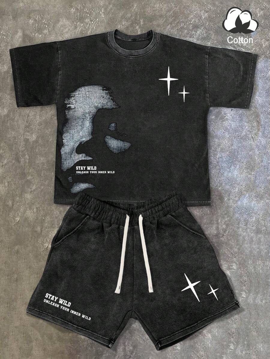 PAVTROS Manfinity Streetrush 2pcs Set Men Face & Letter Print 100% Cotton, Round Neck Graphic Short Sleeve T-Shirt And Drawstring Casual Shorts, T-Shirt Suit - Multicolor - View 1