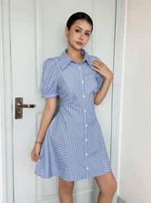 SHEIN Teen Girls Casual Simple Comfortable Polo Collar Puff Sleeve Cinched Waist Back Skater Dress - Baby Blue - View 5