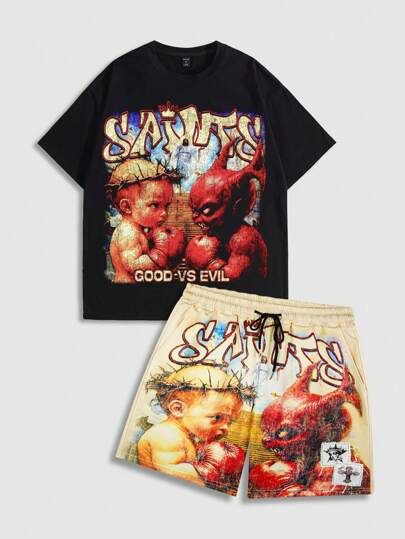 Street Life Men's Oversized Garbage Punk Graphic Print Drop Shoulder Short T-Shirt & Shorts Set, Vintage Street Style