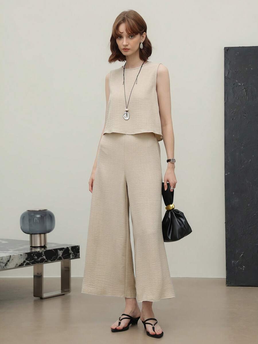 EMERY ROSE Conjunto De Dos Piezas Para Mujer: Chaleco De Cuello Redondo Y Pantalones Anchos De Un Solo Color