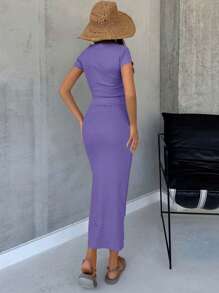 EURMUSE Bộ 2 món áo crop top cổ tròn màu trơn cho nữ và chân váy mini xẻ tà - Màu tím - Xem 2