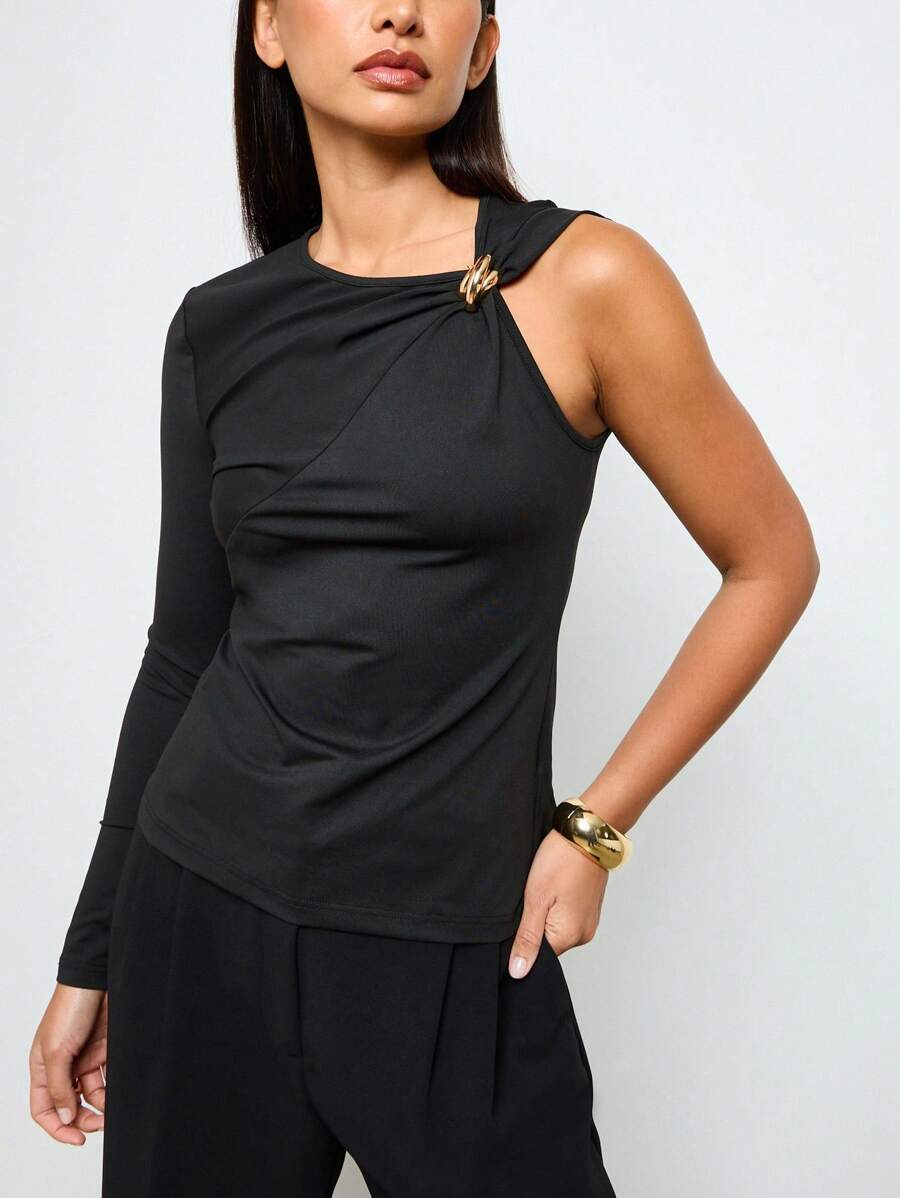 AiiRZ Asymmetric Long Sleeve Evening Party Top High Fashion Gold Buckle Detail Shoulder Design Modern Contemporary Occasion Wear Autumn Winter - Black - View 1