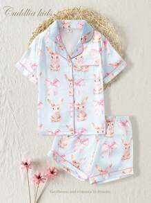 Set Piyama Celana Pendek Sutra Imitasi Motif Pita & Kelinci untuk Anak Perempuan, Pakaian Rumah yang Nyaman - Baby Blue - View 8