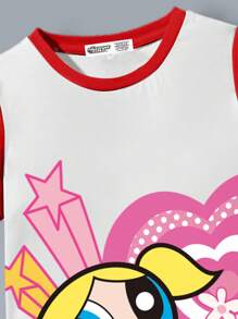 THE POWERPUFF GIRLS X SHEIN Young Girl Summer Casual Cartoon And Heart Pattern Round Neck Contrast Trim Short Sleeve Tee Dress