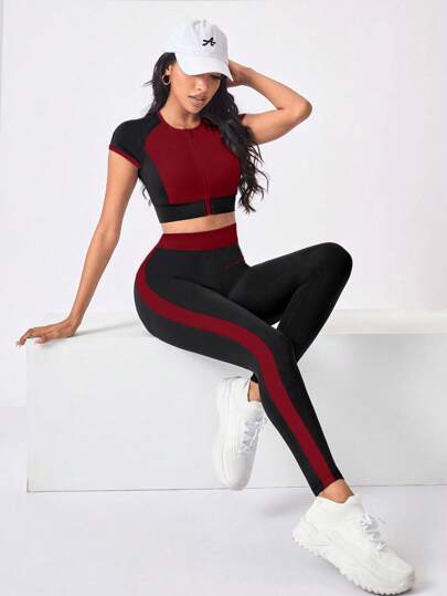 Easithlete 2pcs/Set Contrast Color Zipper Round Neck Short Sleeve Top And High Waist Long Pants Sport Co-Ord Workout Women Sets