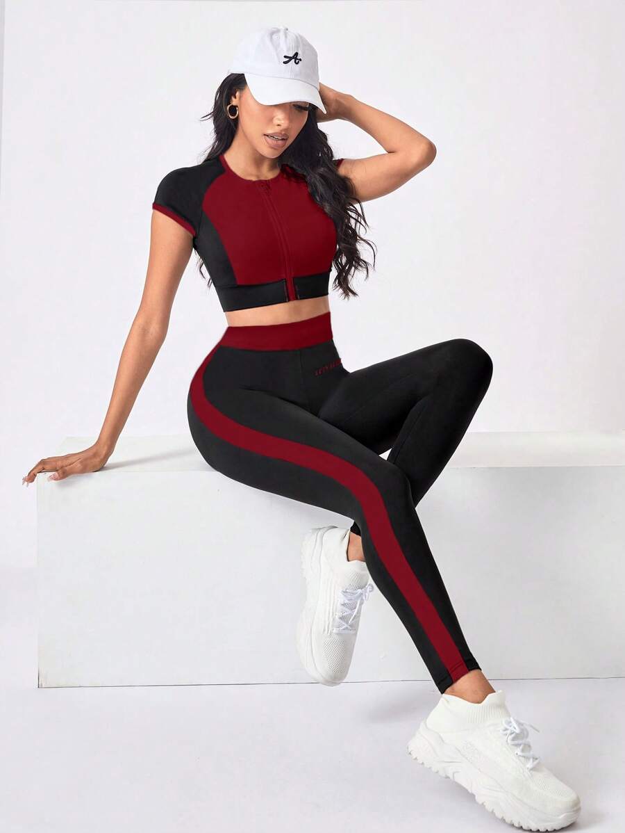 Dewbera Dewbera 2 件套撞色拉链圆领短袖上衣和高腰长裤运动套装女士健身套装