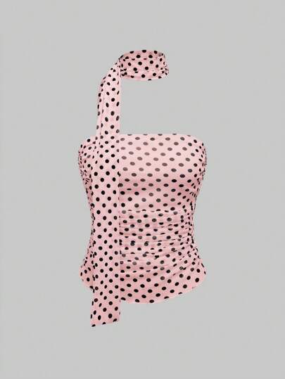 J-Fashion Top fasciato a balze e senza maniche a pois da donna