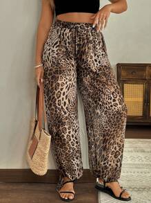 Flirla 大码女式豹纹下摆抽绳腰直筒休闲裤 - 彩色 - 查看 1