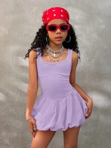 Coolane Kids Tween Girls Spring/Summer Fashion Solid Ruffle Hem Dress - Purple - View 6