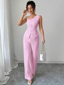 Elenzga Conjunto de traje de mujer con camisa de tirantes y pantalón recto para primavera/verano - Rosado Sandía - Ver 1