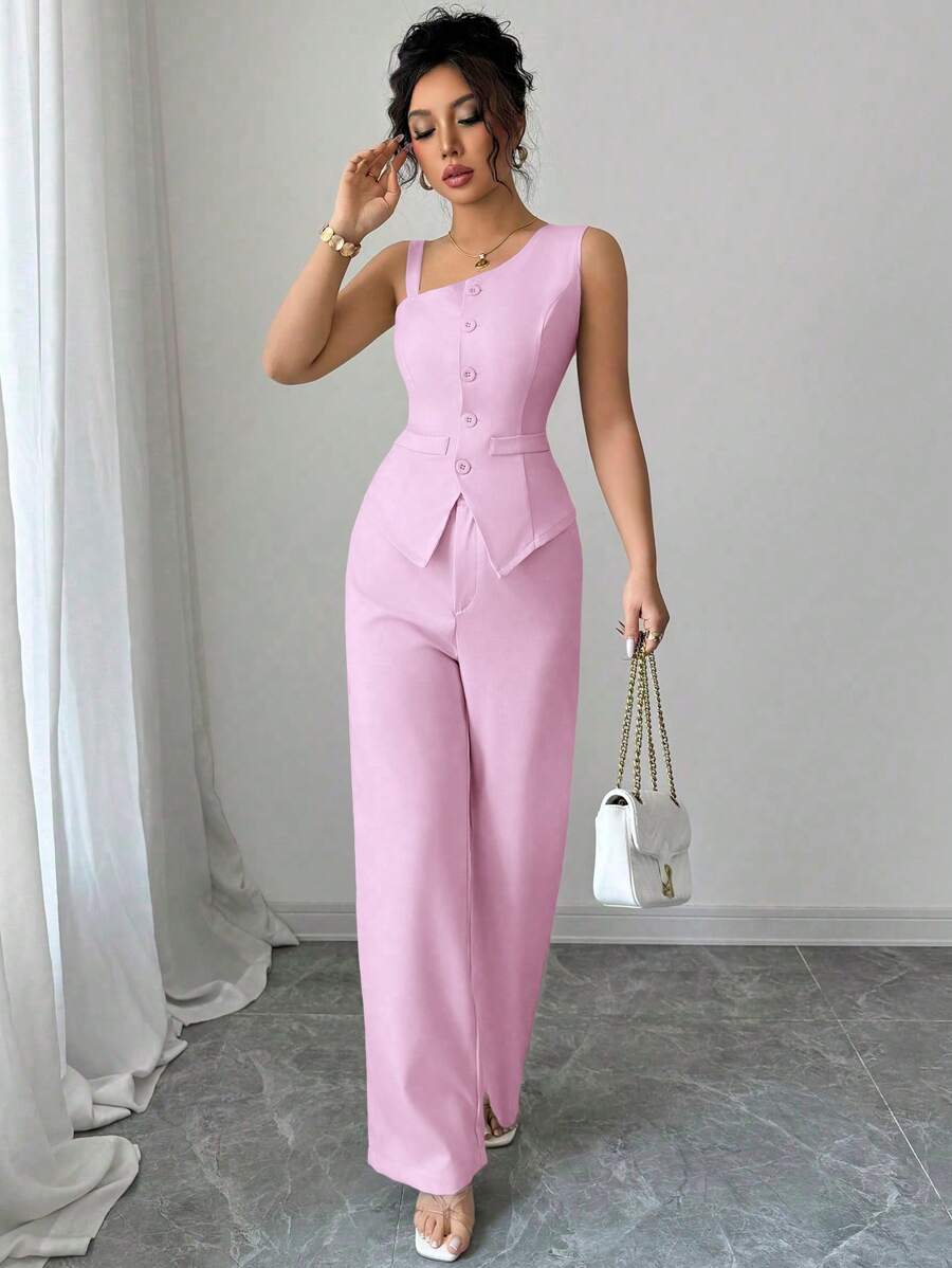 Elenzga Conjunto de traje de mujer con camisa de tirantes y pantalón recto para primavera/verano - Rosado Sandía - Ver 1