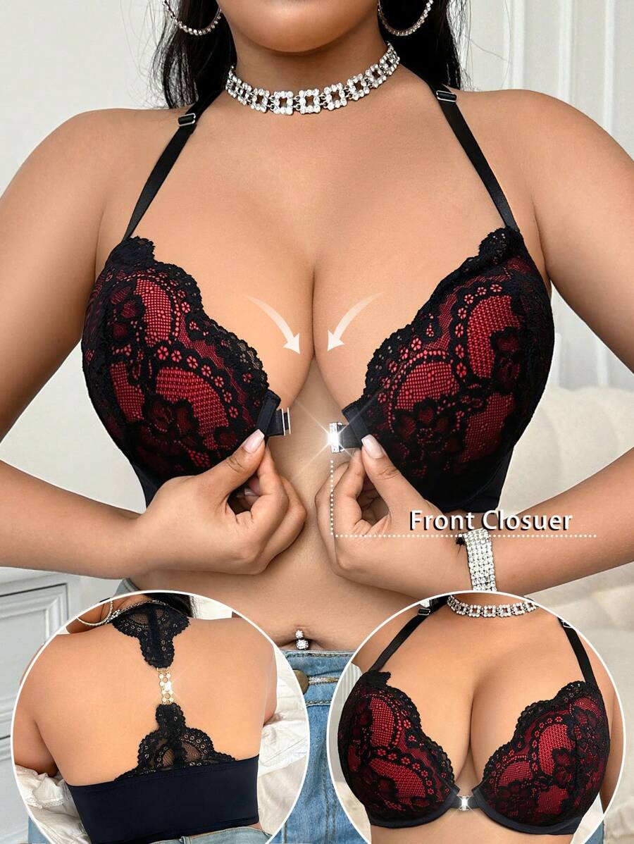 DesireSculpt 1 Pc Plus Size Lace Patchwork Front Hook Colorblock Backless Bra - Multicolor - View 1