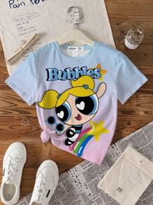 THE POWERPUFF GIRLS X SHEIN Tween Girls' Casual Cartoon & Letter Print Ombre Short Sleeve T-Shirt, Summer