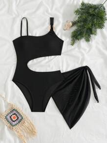 SHEIN Maillot de bain une pièce avec col asymétrique texturé noir pour adolescentes avec jupe de plage cache-maillot, ensemble de deux pièces avec décoration métallique