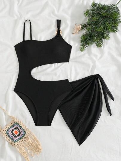 SHEIN 少女黑色纹理不对称领口连体泳衣，带罩衫沙滩裙，金属装饰两件套泳衣
