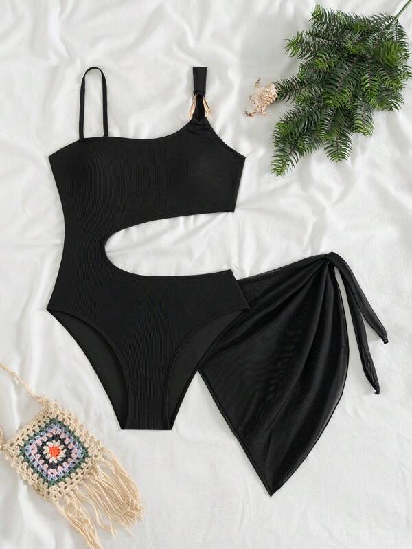 SHEIN Maillot de bain une pièce avec col asymétrique texturé noir pour adolescentes avec jupe de plage cache-maillot, ensemble de deux pièces avec décoration métallique
