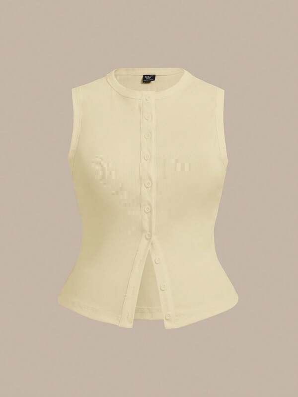 SHEIN BASICS Effen gebreide, nauwsluitende tanktop in grote maten, casual