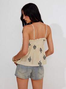 Roylia Women Linen Embroidered Frill Trim Camisole Top - Apricot - View 2