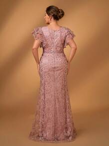 Glamrae Váy dạ hội đuôi cá đính đá Rhinestone hai lớp xếp nếp màu hồng cỡ lớn, váy dạ hội thanh lịch cho vũ hội - Bụi hồng - Xem 3