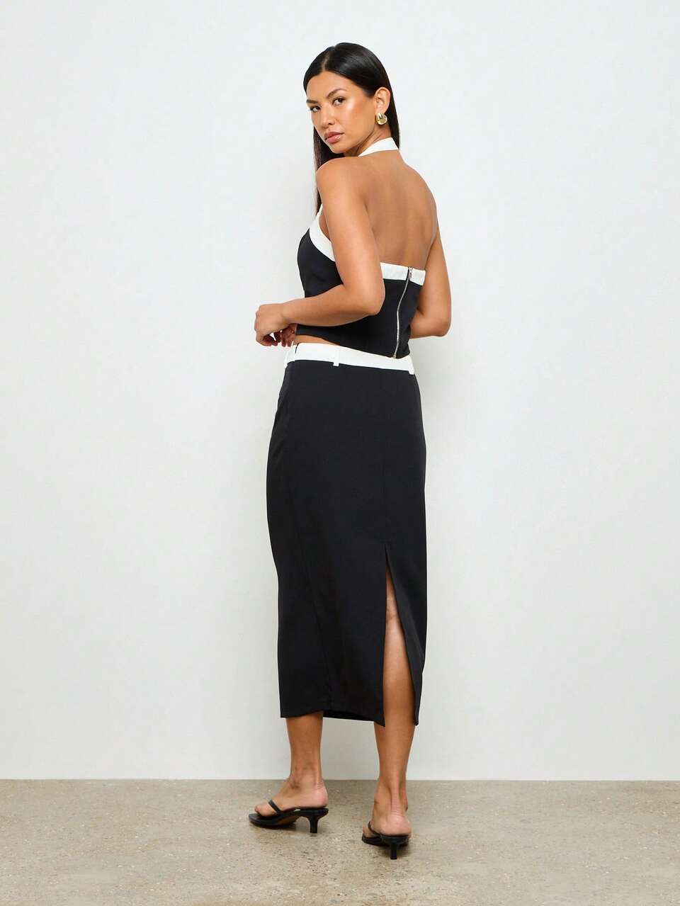 Halter Neck Crop Top Midi Skirt Tailored Two-Piece Outfit