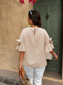 SHEIN Holidaya 大码女式格子圆领蝴蝶袖时尚衬衫，夏季 - 卡其色 - 查看 3