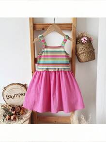 Loomiva Young Girls Rainbow Stripe Patchwork Knitted Waist Tight Casual Vacation Dress, Spring/Summer - Multicolor - View 1
