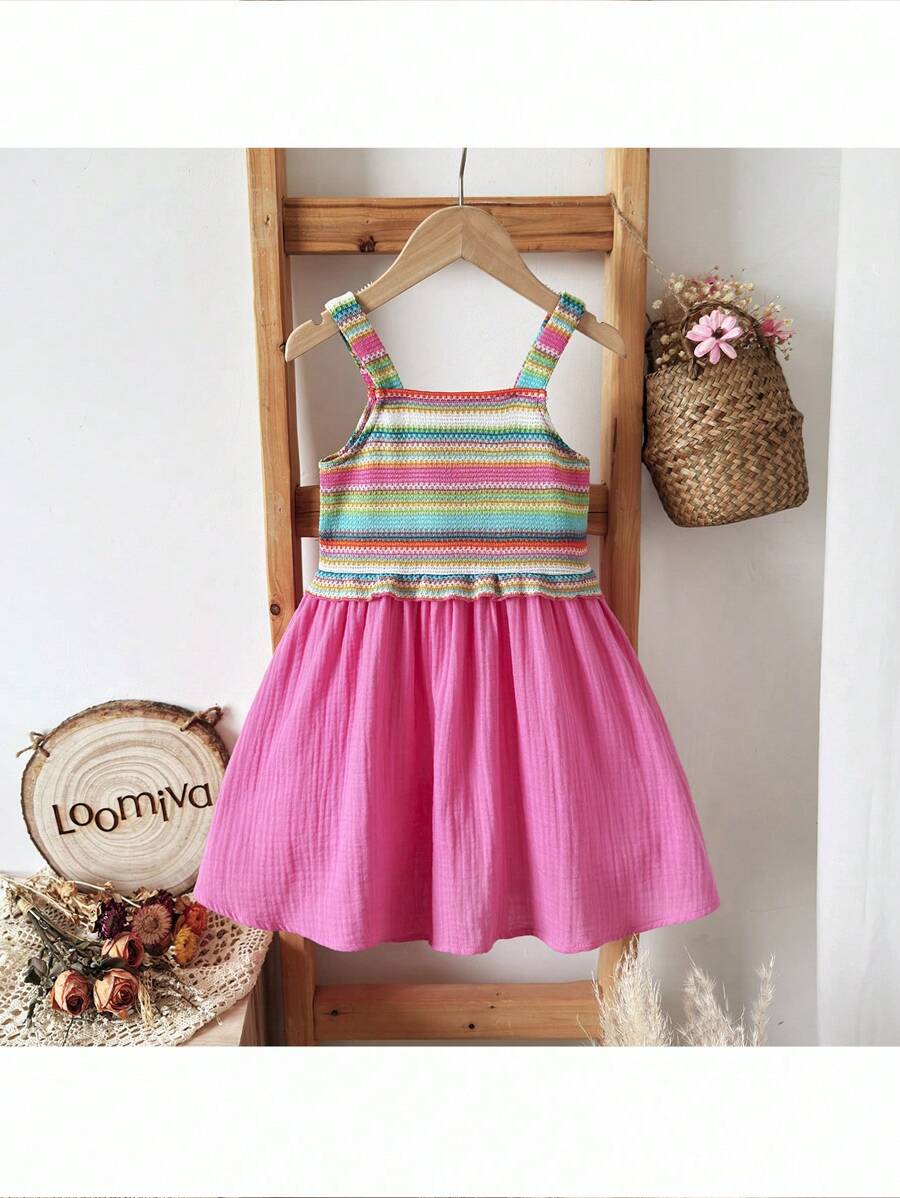 Loomiva Young Girls Rainbow Stripe Patchwork Knitted Waist Tight Casual Vacation Dress, Spring/Summer - Multicolor - View 1