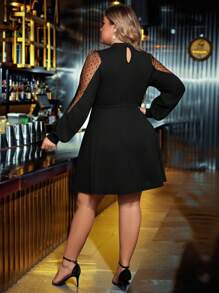 Reflora Plus Contrast Polka Dot Mesh Lantern Sleeve Dress - Black - View 2