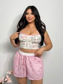 Firerie Plus Size Women Casual Loose Shorts With Elegant Color Blocking, Heart Stripes Print, Suitable For Spring/Summer, Vacation & Home, Comfy - Pink - View 1
