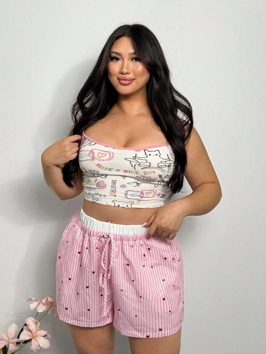 Firerie Plus Size Women Casual Loose Shorts With Elegant Color Blocking, Heart Stripes Print, Suitable For Spring/Summer, Vacation & Home, Comfy - Pink - View 1