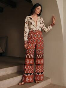 Anewsta 女士春夏菱形格高端时尚印花上衣和裤子两件套休闲、节日、度假、假日 - 紅木色 - 查看 6
