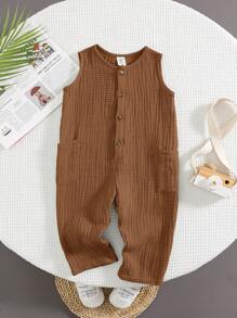 SHEIN Baby Boy Cute Vacation Casual Versatile Brown Jumpsuit Suitable For Beach, Outings Brown Baby Clothes Brown Baby Boy Jumpsuit - Brown - View 5