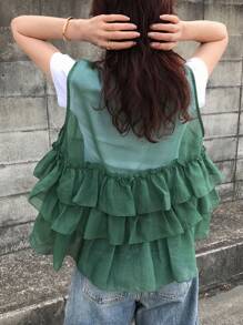 FRIFUL 女士纯色绿色荷叶边多层宽松休闲百搭衬衫，女士海滩度假服装