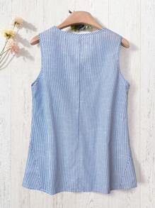 EMERY ROSE 大码女式蓝白条纹休闲圆领无袖背心，夏季度假 - 藍白色 - 查看 2