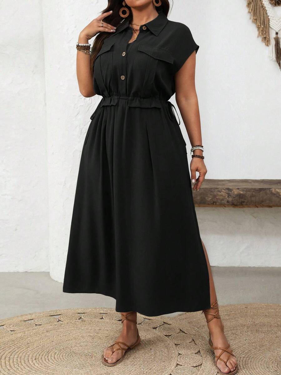 Breezaya Plus Size Women's Elegant Minimalist Utility Drawstring Waist Dress With Side Slit, Suitable For Work, Casual, Vacation, Spring/Summer