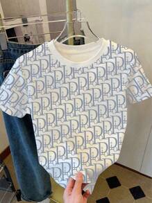 SHEIN Women's Casual Letter Print Round Neck Loose T-Shirt, Summer