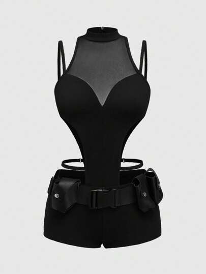 Grunge Punk Futuristic Warrior Functional Skin-Tight Cut-Out Midriff Exposed Low Waist Jumpsuit With Cargo Pockets And Belt