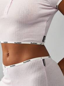 Missguided x Playboy Conjunto de pijama acogedor acanalado con pantalones de pierna campanuda, top corto con cordón, regalos de ropa de dormir