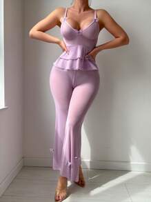 2pcs Purple Butterfly Mesh Sheer Decor Lingerie Set With Wide Leg Pants, Sexy Sleepwear For Women For Going Out - Purple - View 5
