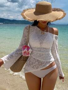 DAZY 新款春夏不对称肩部甜美休闲海滩度假不对称上衣女士上衣 - 白色 - 查看 4