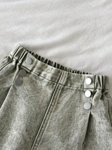 YOUNG GIRL Casual All-Match Everyday Versatile Button Front Detail Elastic Waist Raw Hem Wide Leg Jeans - Army Green - View 5