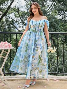 SHEIN MOD 加大码蓝色花卉数码印花露肩中长连衣裙，宫廷风格。女士夏装。花园派对礼服，女士生日礼服，女士节日服装，女士连衣裙 - 彩色 - 查看 10