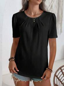 SHEIN LUNE 女士休闲纯色圆领短款泡泡袖褶皱衬衫，夏季