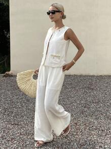 DAZY Bộ 2 chiếc/Bộ áo len không tay đính hạt sequin cho nữ và quần ống rộng bằng vải lanh - Màu be - Xem 1